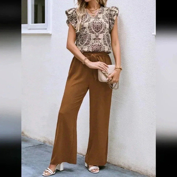 Damask Print Butterfly Sleeve Blouse & Belted Wide Leg Pants - Picture 1 of 6